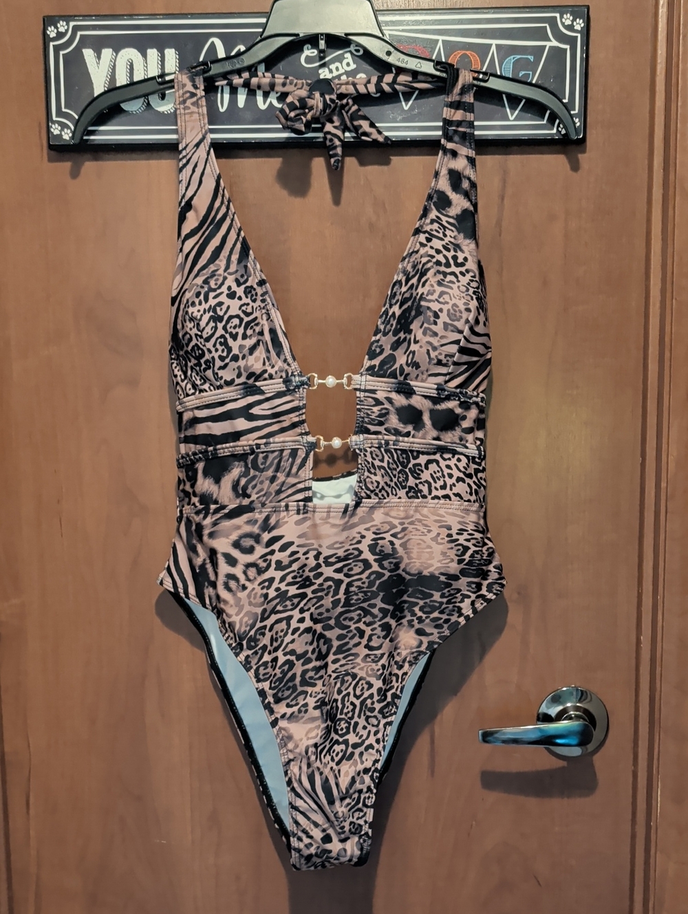 Wild Animal Print One-Piece Swimsuit in Taupe and Black